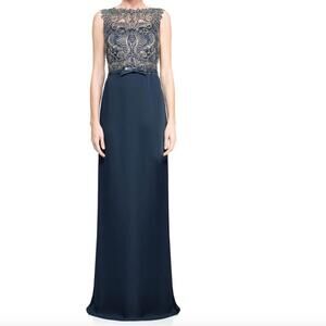 Tadashi Shoji Luanda Navy Gold Embroidered Gown Petite 18P NWT Formal Evening